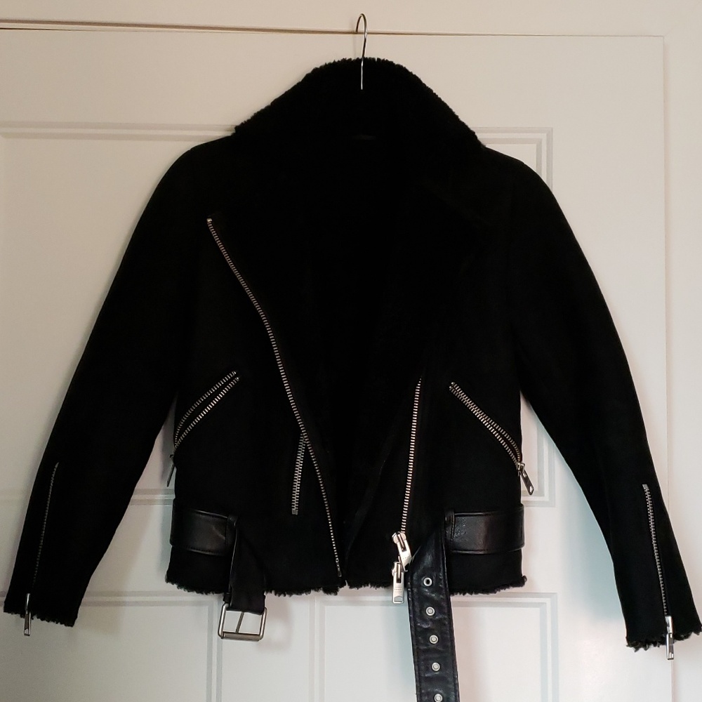 AllSaints Black Merino Lands Biker Shearling Coat